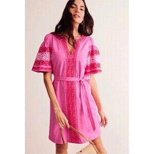 Boden Summer Embroidered V Neck Flutter Sleeves Boho Pink Relaxed Mini Dress 6L